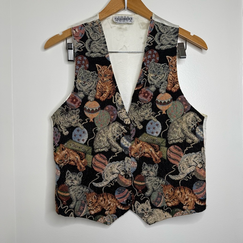 Vintage 80s 90s Idea Nuova Cat Kitten Tapestry Vest Women’s Size Medium Quirky